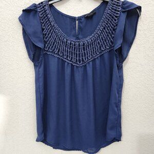 Mine Blouse Womens Small Blue Sheer Crochet Yoke Cottagecore Fairy